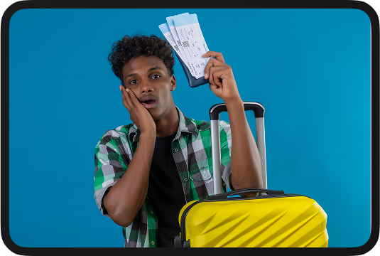 Person looking surprised at passport and phone
